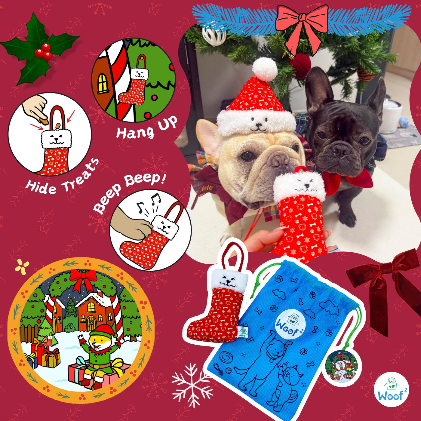 Woof² | Christmas Santa 8% OFF Bundle [Christmas Santa Hat + Christmas Stocking Soft Plush Pet Toys]