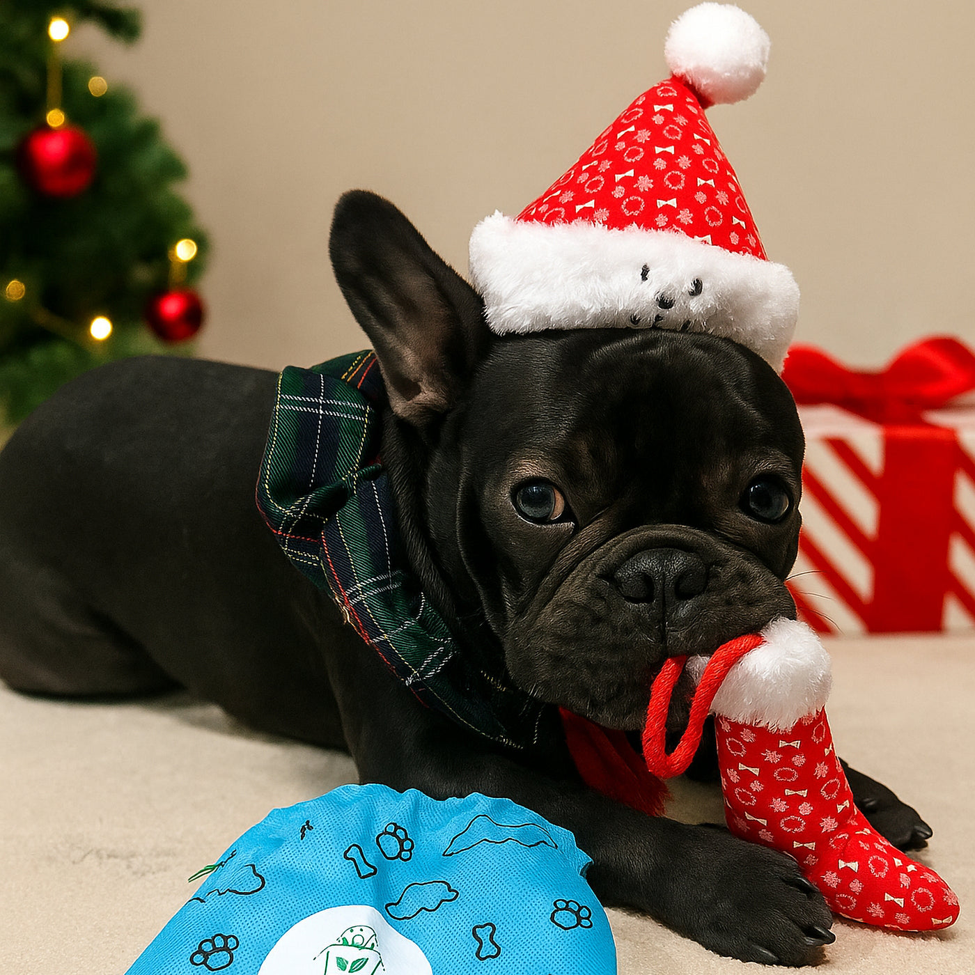 Woof² | Christmas Santa 8% OFF Bundle [Christmas Santa Hat + Christmas Stocking Soft Plush Pet Toys]